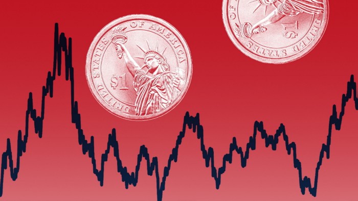 A montage showing a chart and US dollar coins featuring the Statue of Liberty