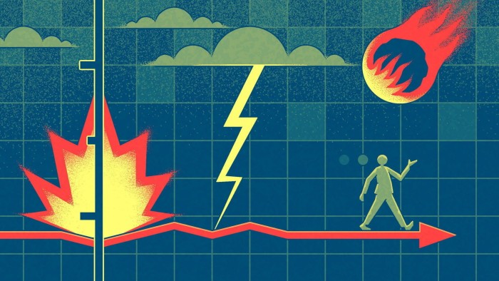 Illustration of a figure walking on a horizontal graph line with an asteroid hurling towards it, lightning striking it, and an explosion shaking it