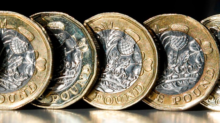 Upright British £1 coins lined up on a table