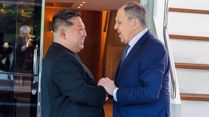 Russia’s Sergei Lavrov (right) and North Korea’s leader Kim Jong Un