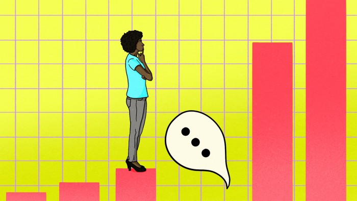 Illustration of a woman standing and thinking on a bar in an upward trending bar chart, with a speech bubble filling an empty gap between two bars