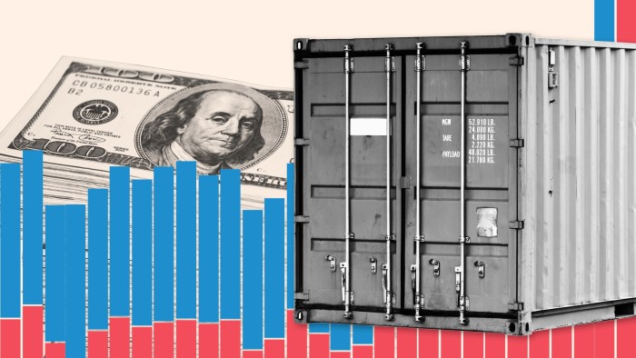 Montage of a bar chart, shipping container and US dollars