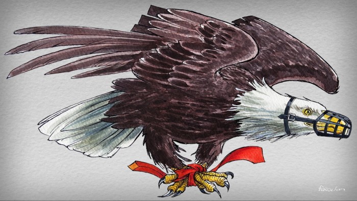 Illustration of a US eagle with his feet tied with a red ribbon and his beak in a muzzle