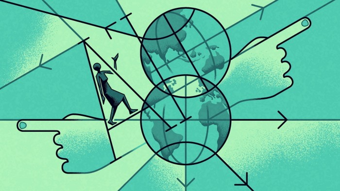 Matt Kenyon illustration of a figure walking towards two globes overlapping, two hands coming out from opposite directions from the globes, pointing in opposite directions.