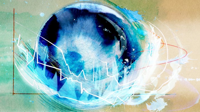 Ann Kiernan illustration of a globe with a wave of data statistics and chart lines sweeping around it