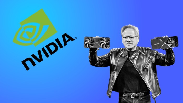 Nvidia CEO Jensen Huang with the Nvidia logo