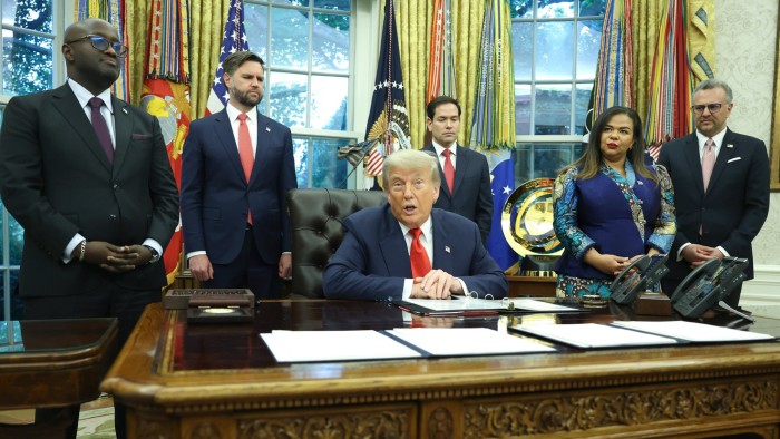 President Donald Trump delivers remarks as he meets with Minister of Foreign Affairs and Cooperation of Rwanda Olivier Nduhungirehe and the Foreign Minister of the Democratic Republic of the Congo Thérèse Kayikwamba Wagner in the Oval Office