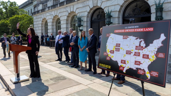 US agriculture secretary Brooke Rollins gestures during a press conference to discuss the Department of Agriculture’s ‘National Farm Security Action Plan, in Washington, D.C., on July 8
