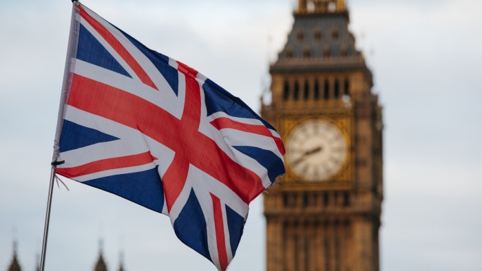 A union jack flag with the tower of Big Ben in the background