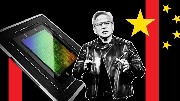 A montage of Jensen Huang, Nvidia H20 chip and China flag detail