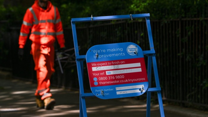 A roadworks sign for Thames Water in London, England
