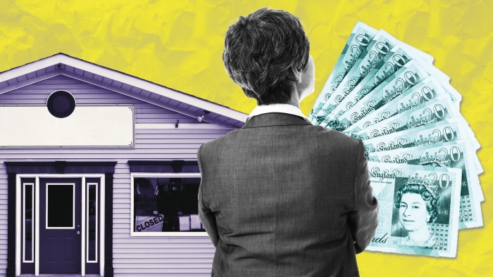 Montage of a shop front building, a woman thinking and twenty pound banknotes