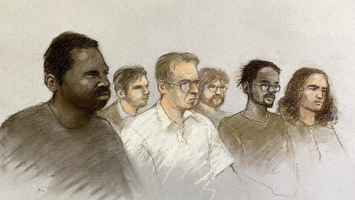 Court artist drawing of (front row, left to right) Nii Mensah, 23, Paul English, 61, Jakeem Rose, 23, and Ugnius Asmena, 20, and (back left) Dmitrijus Paulauskas, 23, and Ashton Evans, 20, (back right) appearing at the Old Bailey