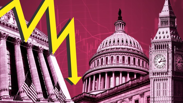 Montage of the New York Stock Exchange, Capitol Hill, Westminster and a downward graph arrow