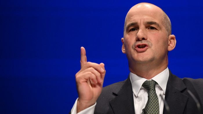 On October 5, 2022, Britain’s Conservative party chair Jake Berry delivers a speech to party delegates on the final day of the annual party conference in Birmingham, England