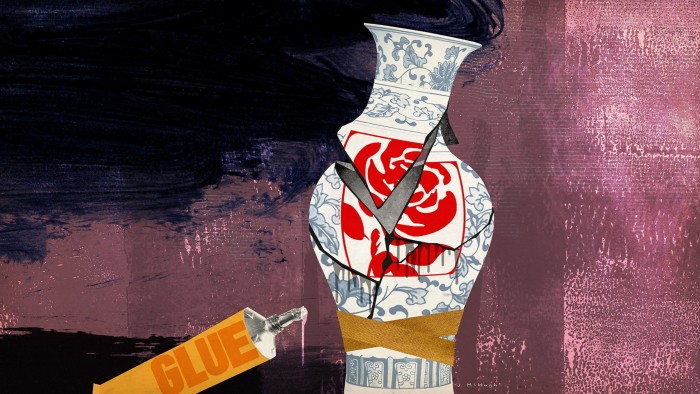 Jonathan McHugh illustration of a broken Chinese vase with the Labour party symbol on it, stuck together with tape and with a tube of glue next to it