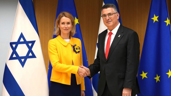 EU chief diplomat Kaja Kallas, left, and Israeli foreign minister Gideon Sa’ar