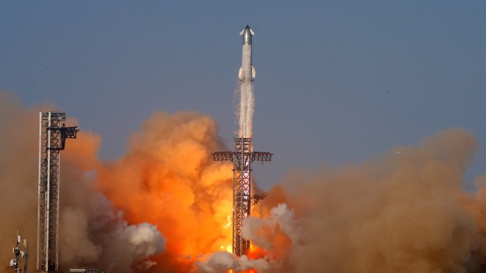 SpaceX’s next-generation Starship spacecraft atop its Super Heavy booster is launched on its ninth test at the company’s launch pad in Starbase, Texas