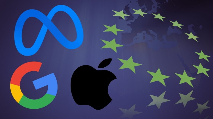 Montage of the EU flag stars and Google, Apple and Meta logos